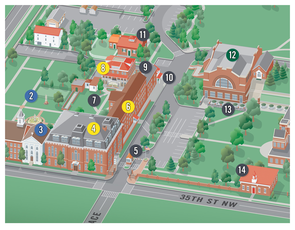 College campus map illustration, Georgetown Visitation Preparatory School