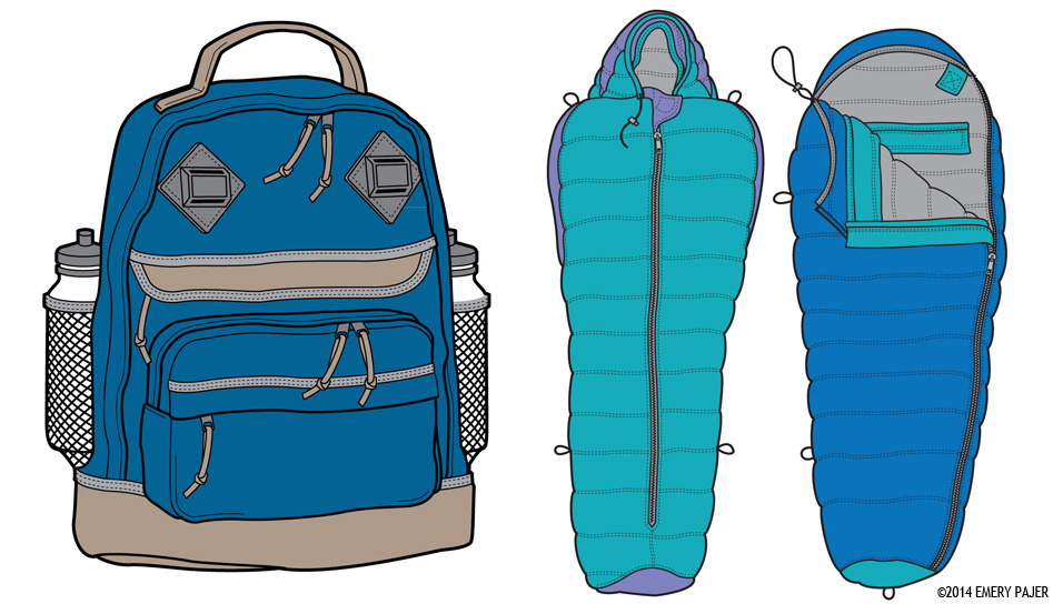 Product Illustration,  Back Pack and Sleeping Bags 