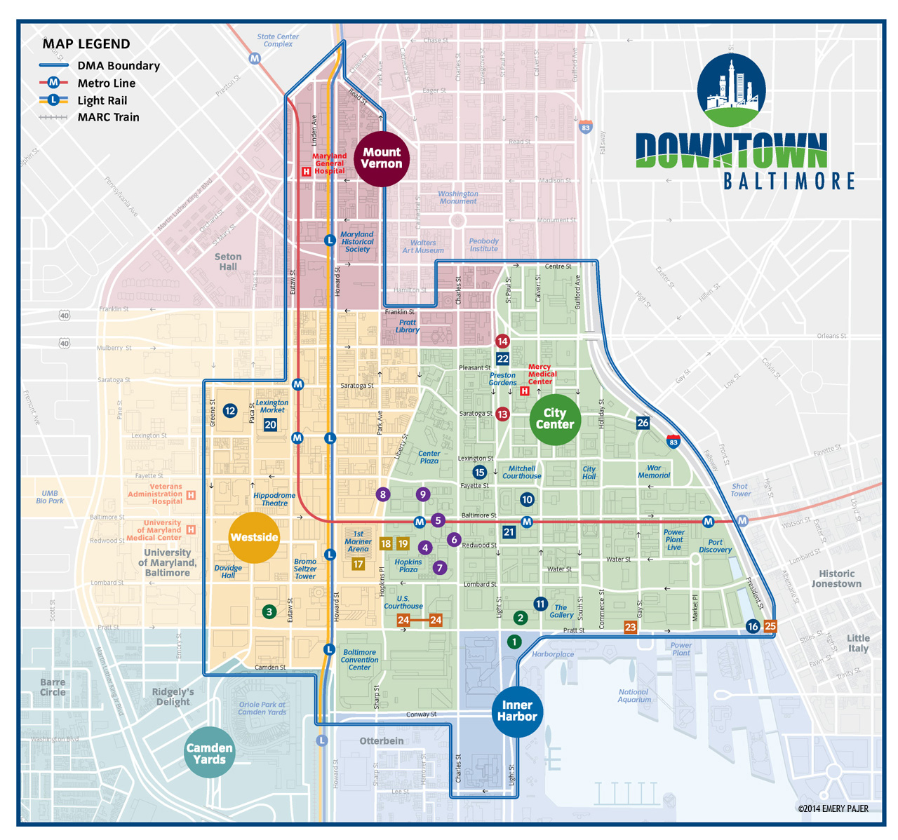 Wayfinding Neighborhood Map of Baltimore, Maryland, with  Building Outlines and Plotting