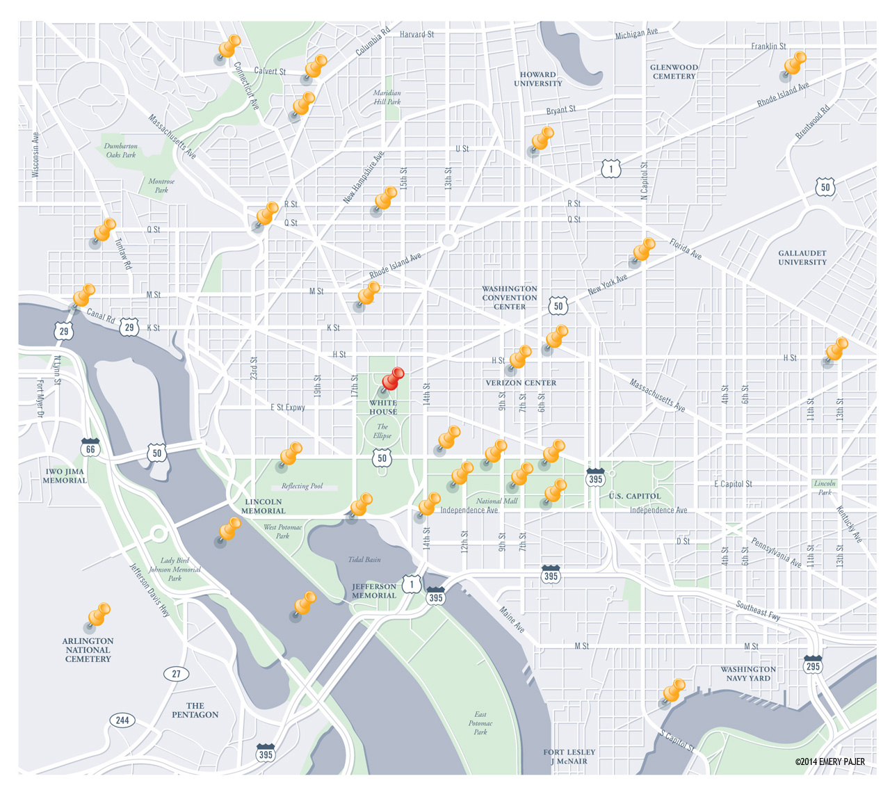 Wayfinding Street Map of Washington, D.C., with Push Pin Plotting